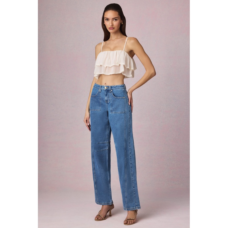 Mid-Rise Barrel-Leg Jeans in Mid-Blue Wash