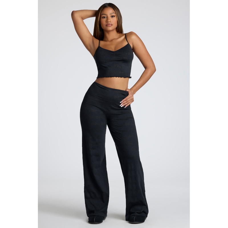 Mid Rise Straight Leg Pointelle Trousers in Black