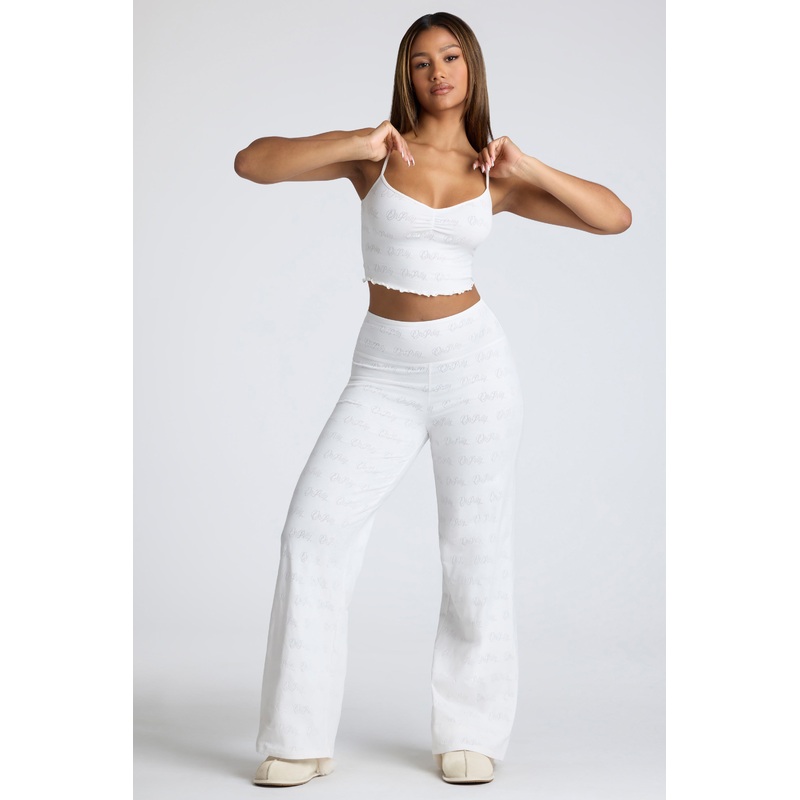 Mid Rise Straight Leg Pointelle Trousers in White