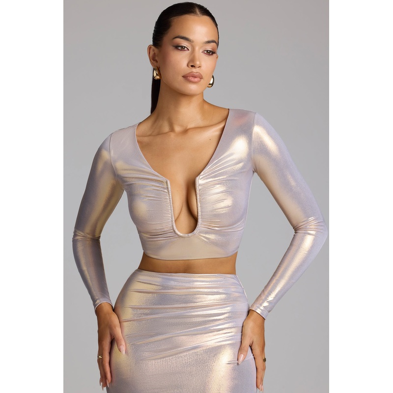 Plunge Neck Metallic Jersey Crop Top in Light Gold
