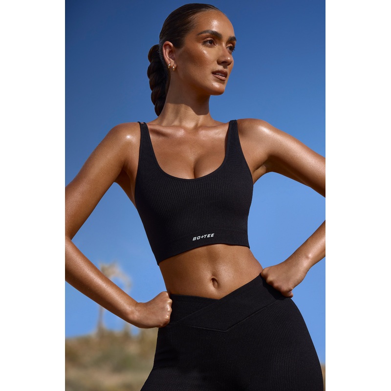 Plunge Neck Open Back FlexiRib Sports Bra in Black