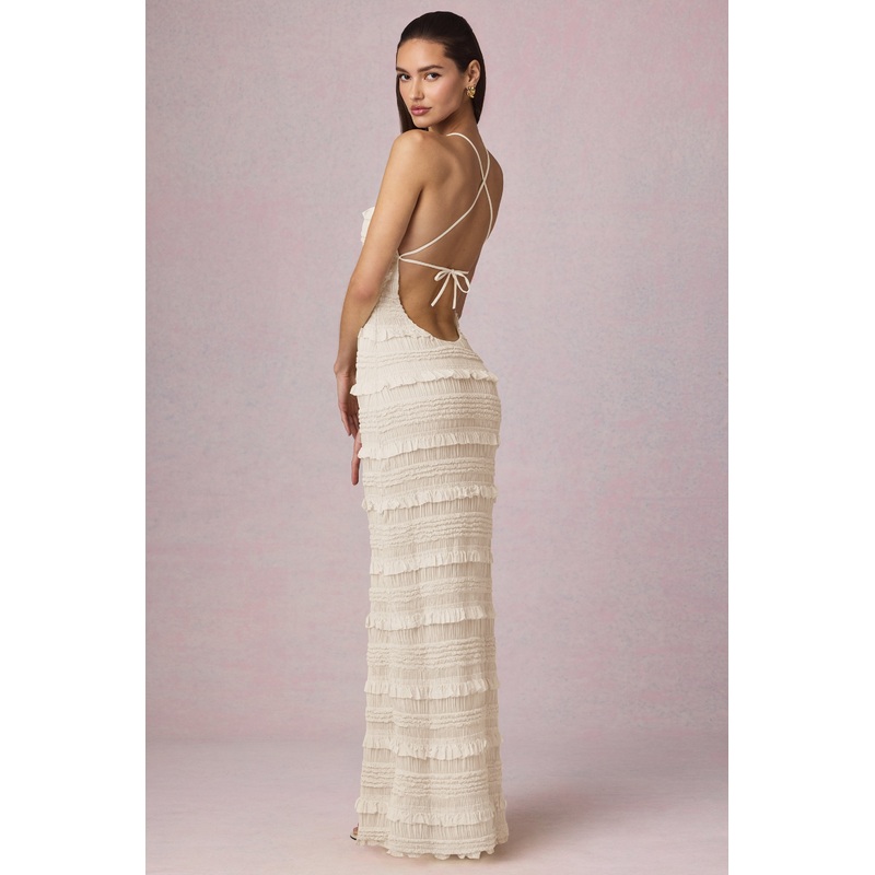 Ruffled Backless Halterneck Maxi Dress in Ivory