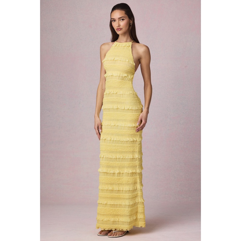Ruffled Backless Halterneck Maxi Dress in Lemon Yellow