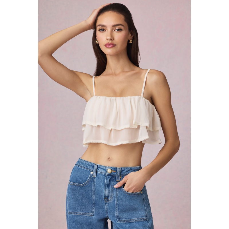 Ruffled Cropped Camisole Top in Ivory