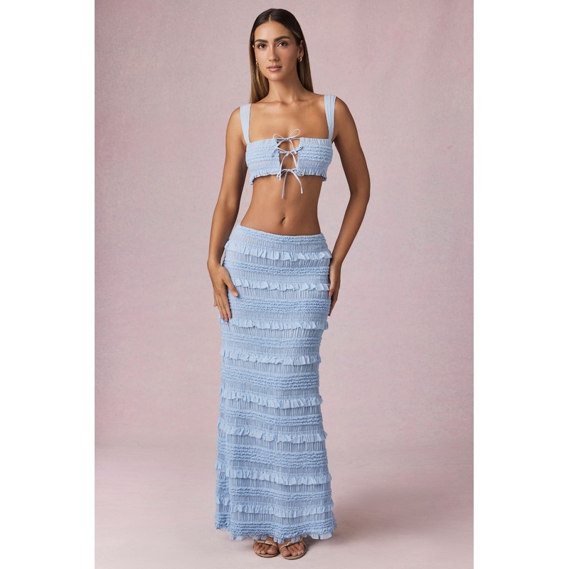 Ruffled Mid-Rise Maxi Skirt in Powder Blue