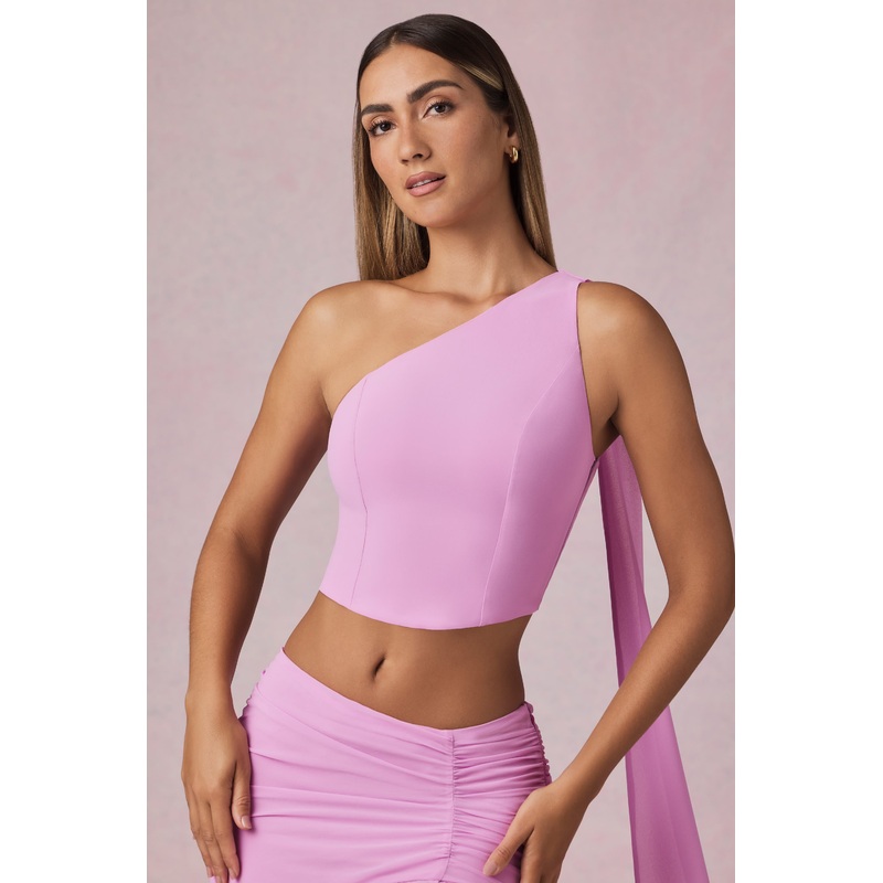 Scarf-Detail One-Shoulder Top in Pink Orchid
