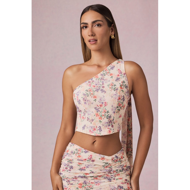 Scarf-Detail One-Shoulder Top in Primrose Floral Print