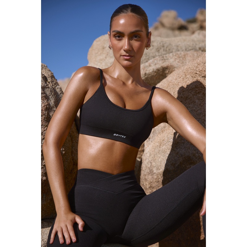 Scoop Neck Lace Up Back FlexiRib Sports Bra in Black