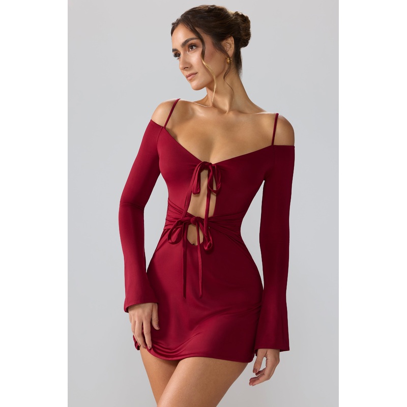 Slinky Jersey Long Sleeve Cut Out Mini Dress in Ruby