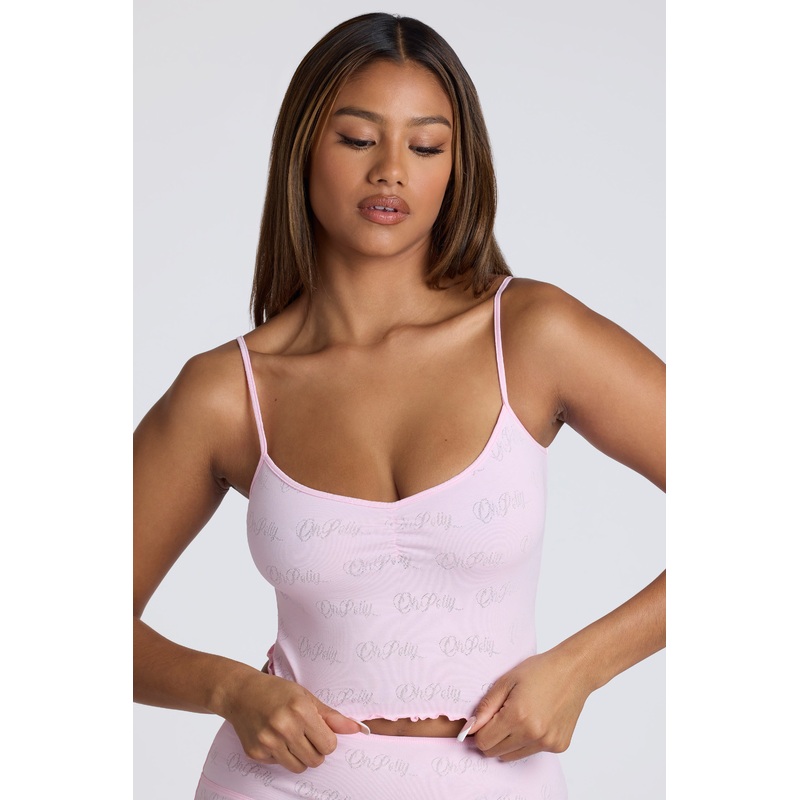 Strappy Ruched Pointelle Crop Top in Baby Pink