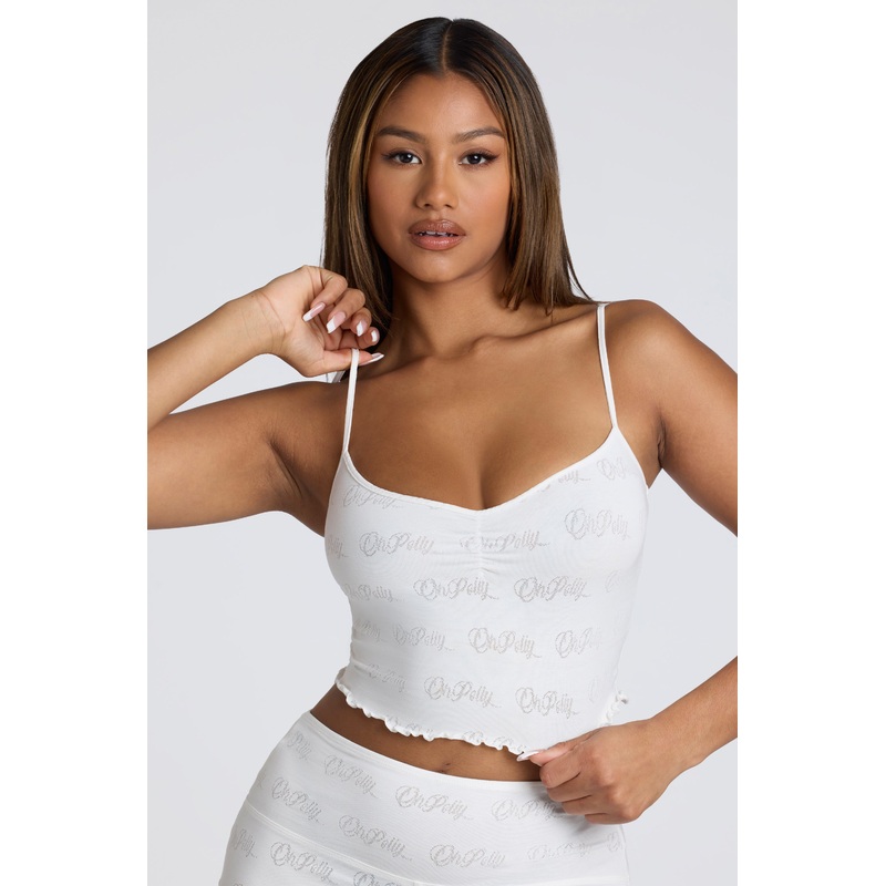 Strappy Ruched Pointelle Crop Top in White