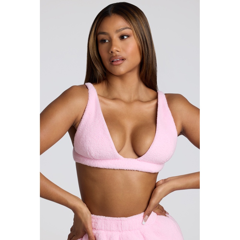 V Neck Fleece Bralette in Baby Pink