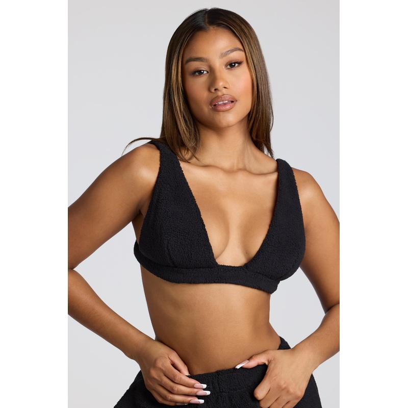 V Neck Fleece Bralette in Black