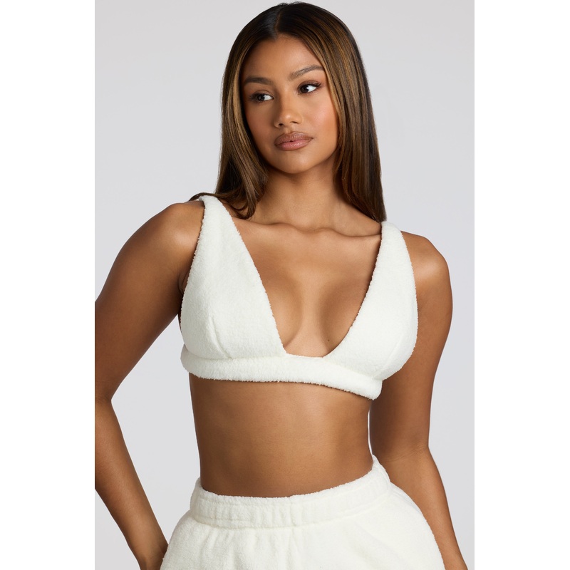 V Neck Fleece Bralette in White