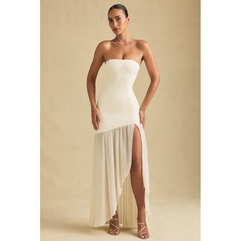 Asymmetric Strapless Fishtail Maxi Dress in Ivory