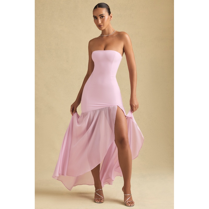 Asymmetric Strapless Fishtail Maxi Dress in Soft Pink