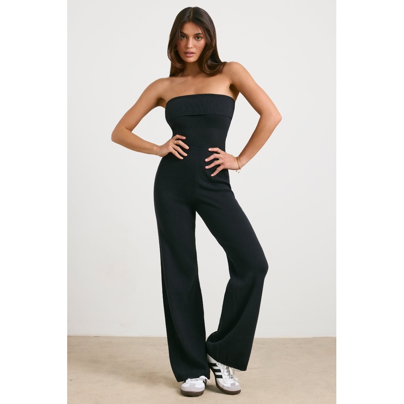 Chunky Knit Kick Flare Unitard in Black