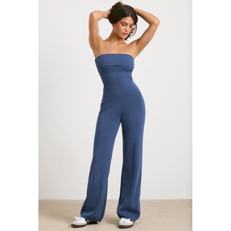 Chunky Knit Kick Flare Unitard in Washed Navy