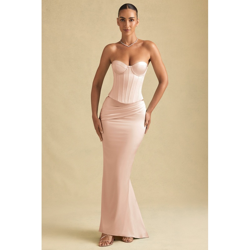 Draped Low-Rise Maxi Skirt in Beige Gold