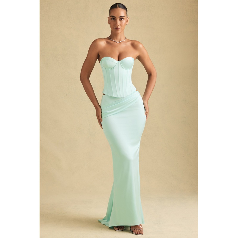 Draped Low-Rise Maxi Skirt in Mint