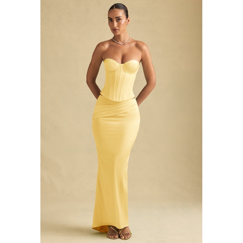 Draped Low-Rise Maxi Skirt in Pastel Yellow