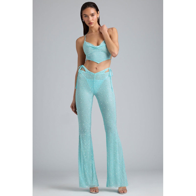 Embellished Cut-Out Flared Trousers in Ice Blue
