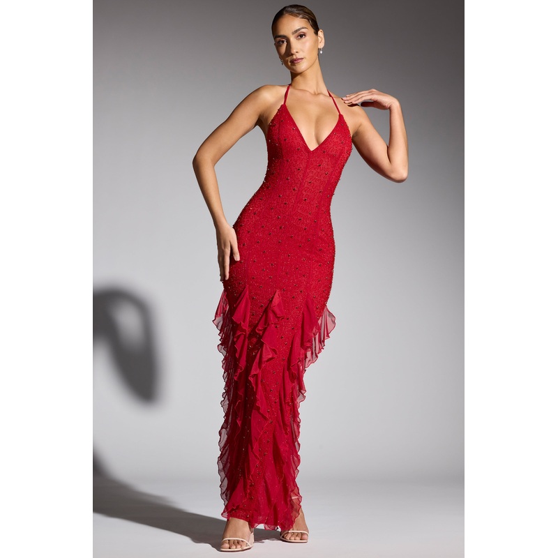 Embellished Halter Neck Ruffle Maxi Dress in Red