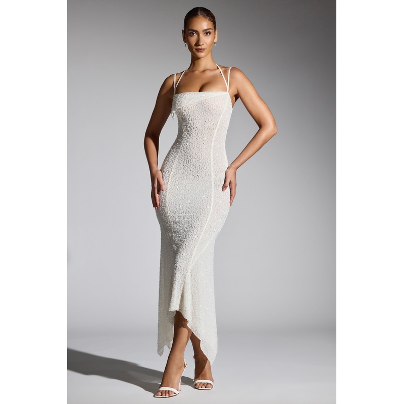 Embellished Handkerchief Hem Maxi Dress in White