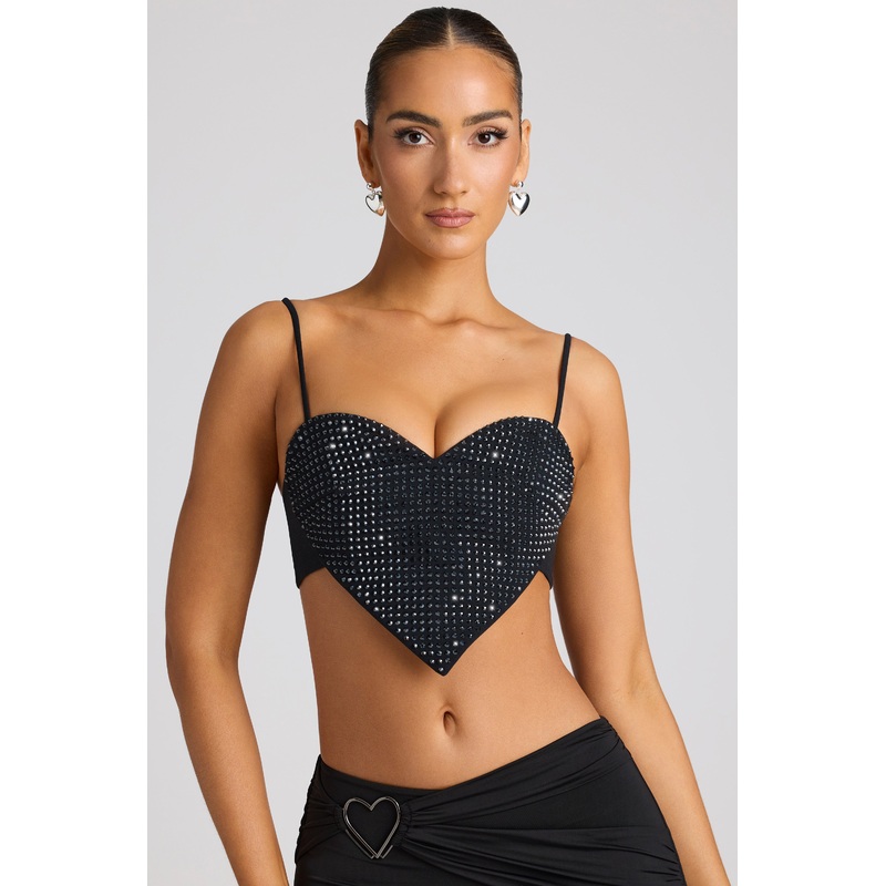 Embellished Heart Detail Crop Top in Black