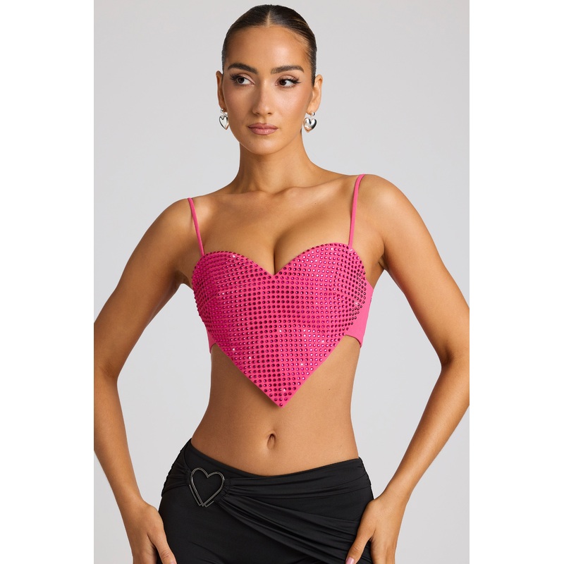 Embellished Heart Detail Crop Top in Magenta