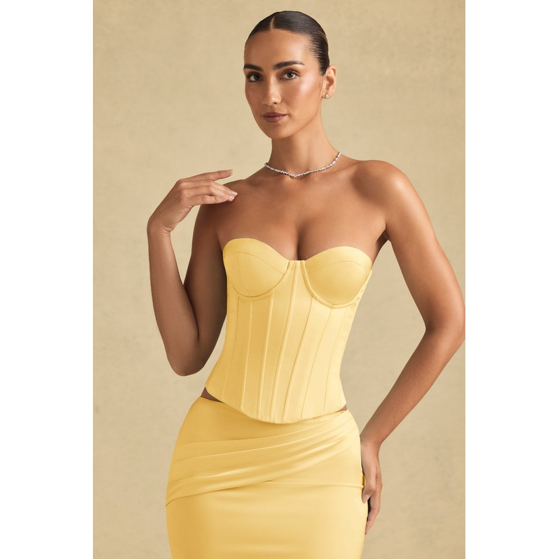 Full-Length Lace-Up Corset Top in Pastel Yellow