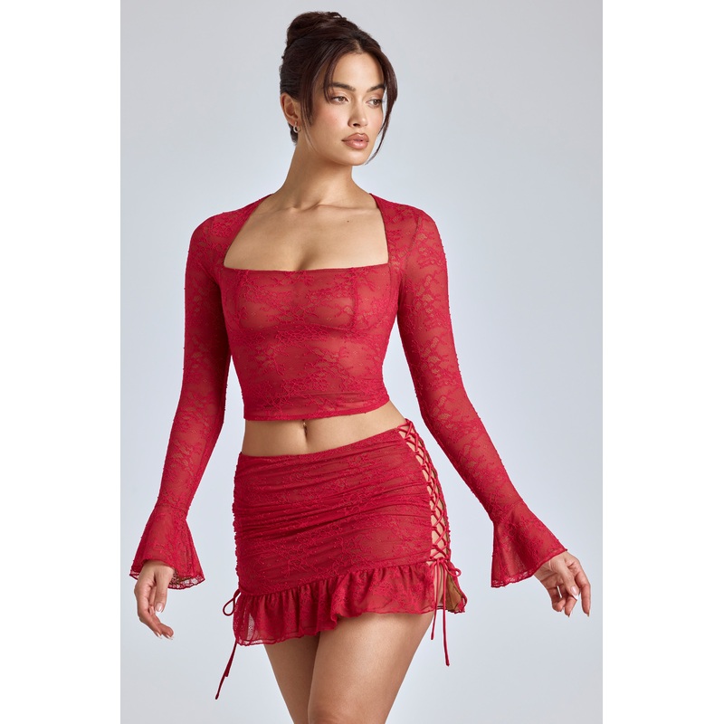 Lace Ruffle Mini Skirt in Cherry Red