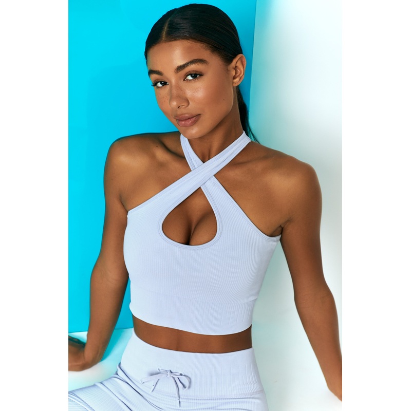 Ribbed Halter Crop Top in Cool Blue