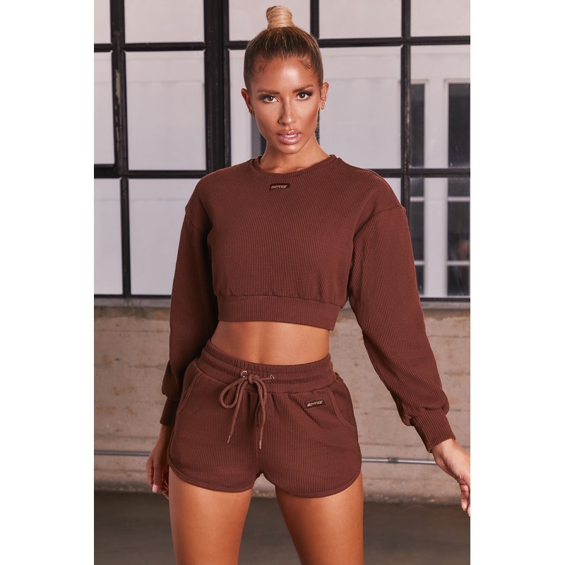 Ribbed Mini Shorts in Chocolate Brown