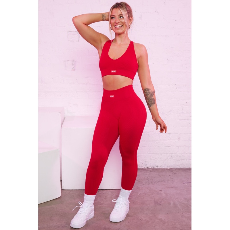 Ribbed Plunge Neck Sports Bra in Red