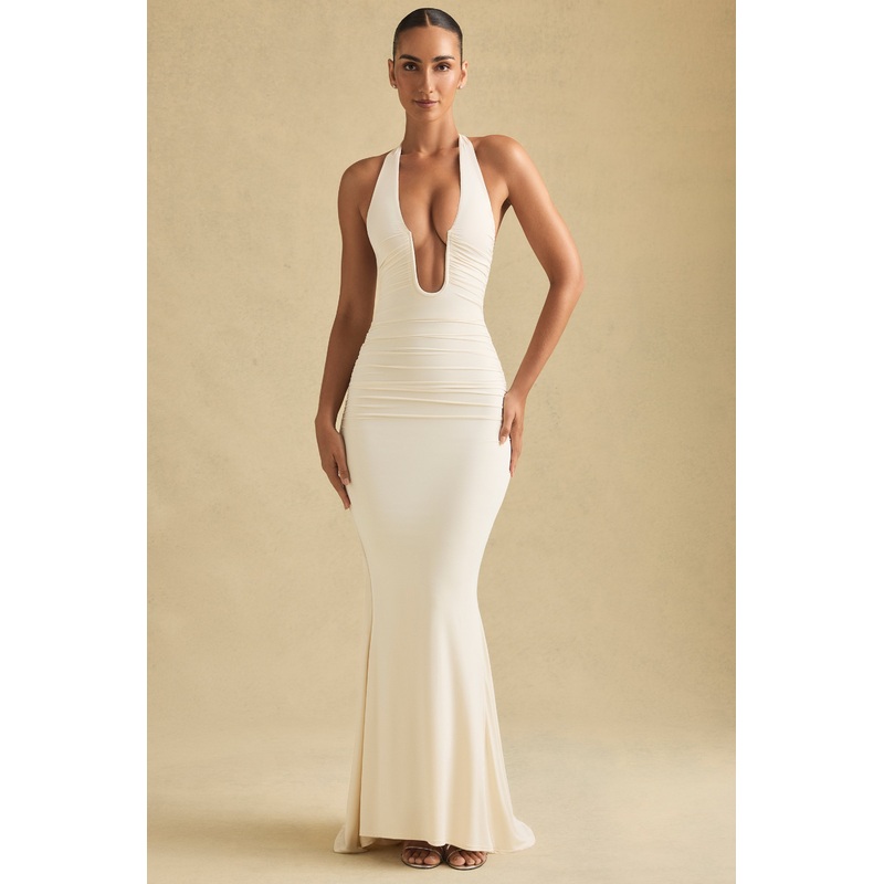 Ruched Backless Halterneck Gown in Ivory