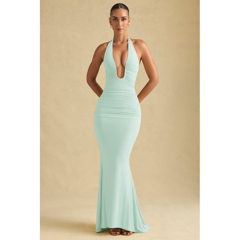 Ruched Backless Halterneck Gown in Mint