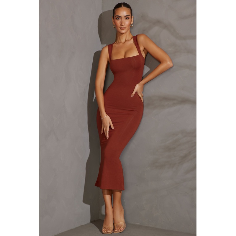 Square Neck Midi Dress in Brick