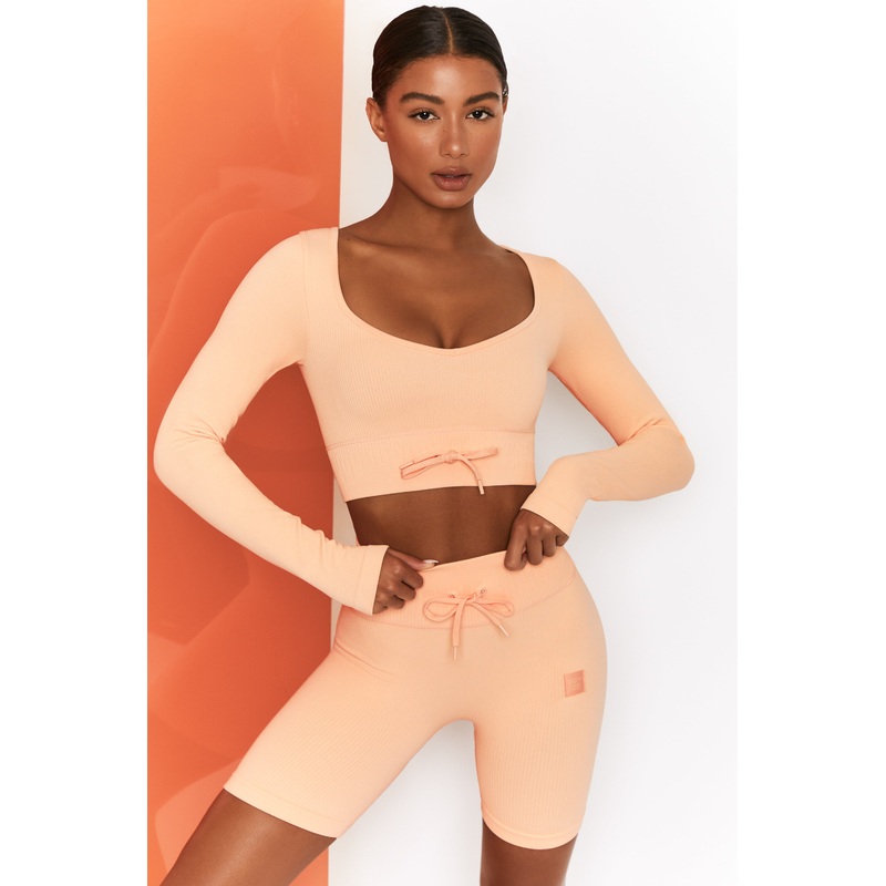 Time Check Ribbed Long Sleeve Crop Top in Peach