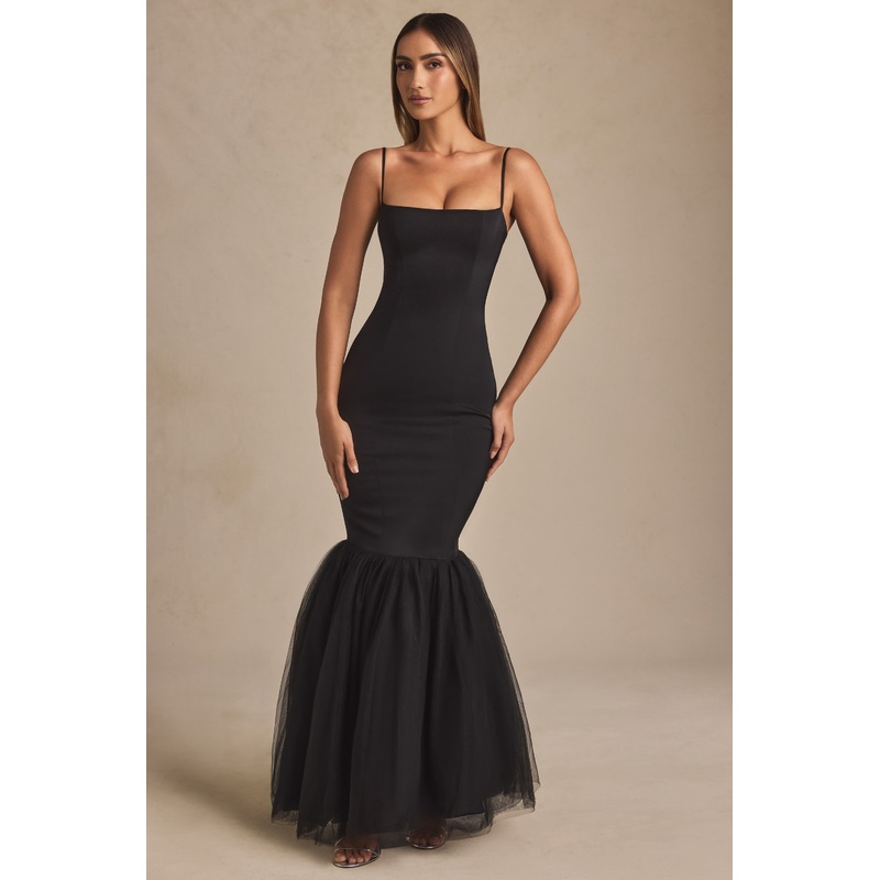 Tulle Hem Fishtail Gown in Black