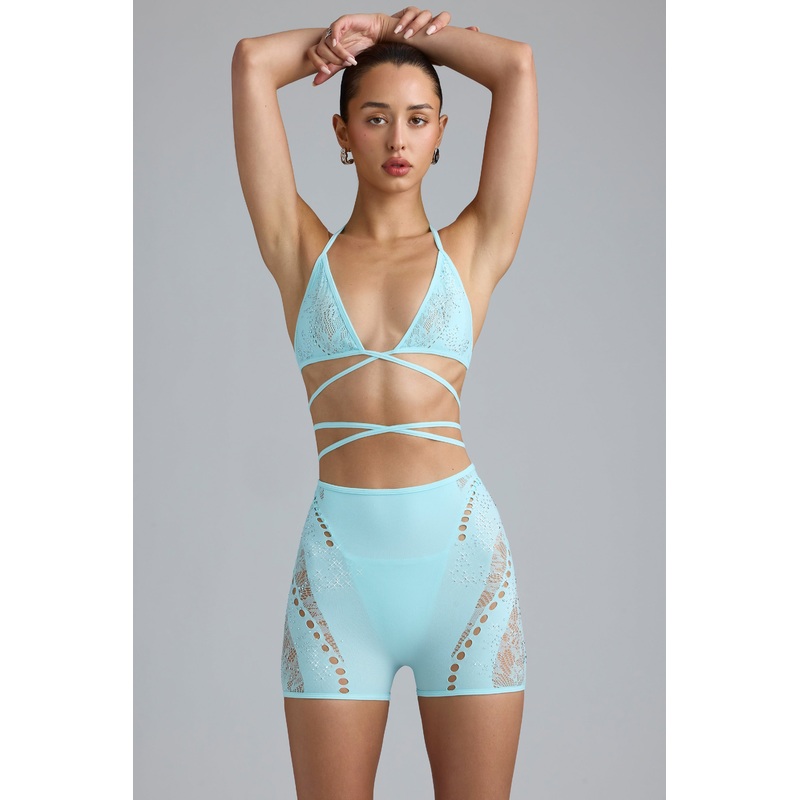 Embellished Cross-Strap Bikini Top in Ice Blue