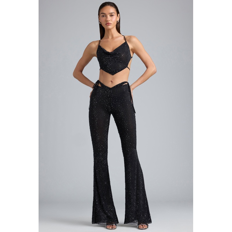 Embellished Cut-Out Flared Trousers in Black