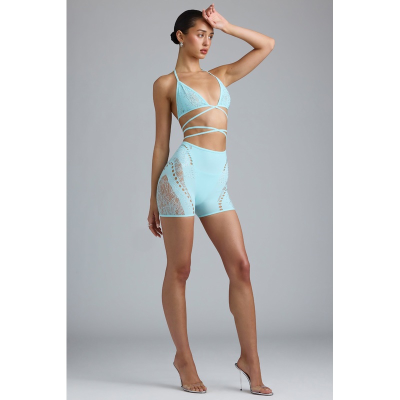 Embellished High-Waist Shorts in Ice Blue