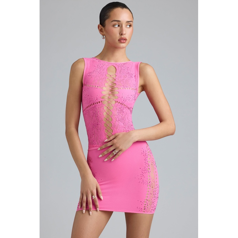 Embellished Lace-Up High-Neck Top in Bubblegum Pink
