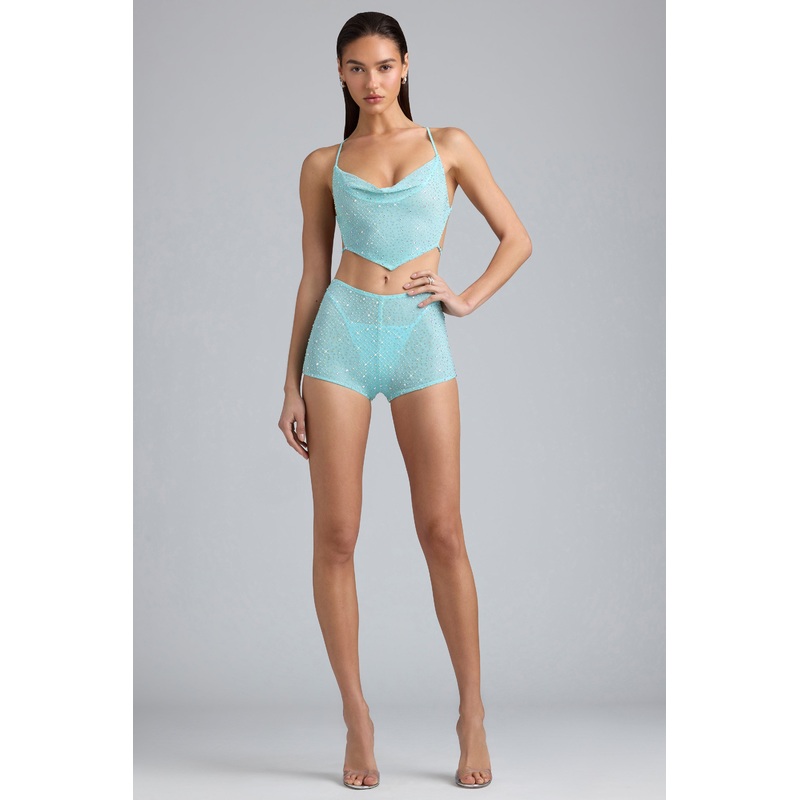 Embellished Mid-Rise Hot Pant Shorts in Ice Blue