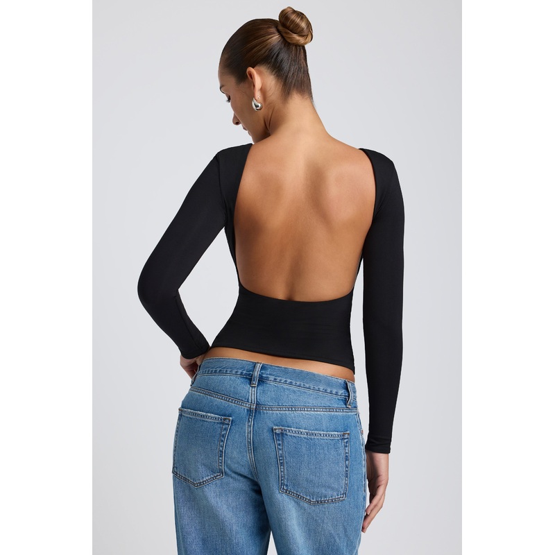 Modal High Neck Long Sleeve Open Back Top in Black