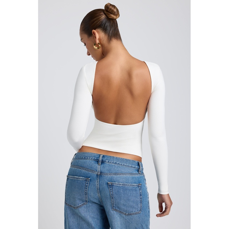 Modal High Neck Long Sleeve Open Back Top in White