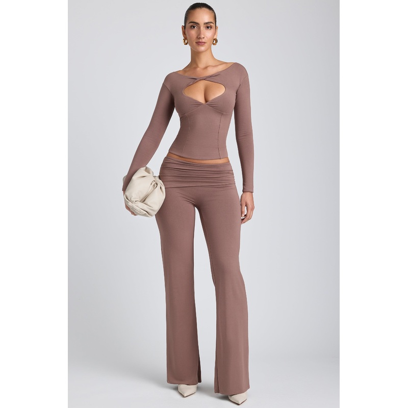 Modal Mid-Rise Straight-Leg Trousers in Taupe