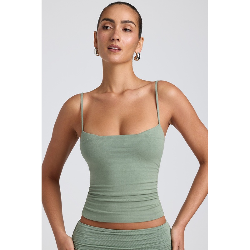 Modal Ruched Layered Tank Top in Sage Green