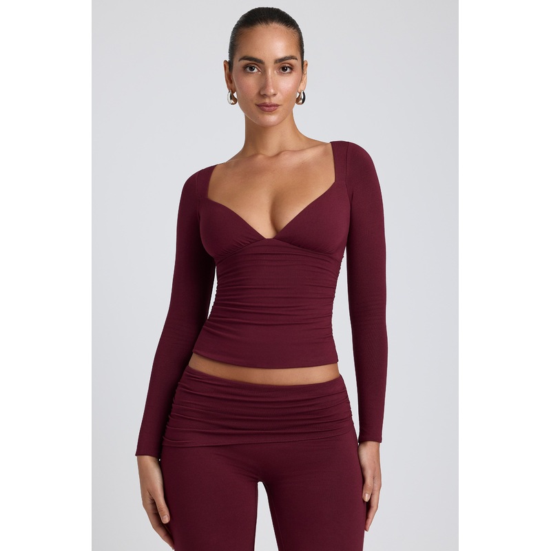 Modal Ruched Long-Sleeve Top in Plum